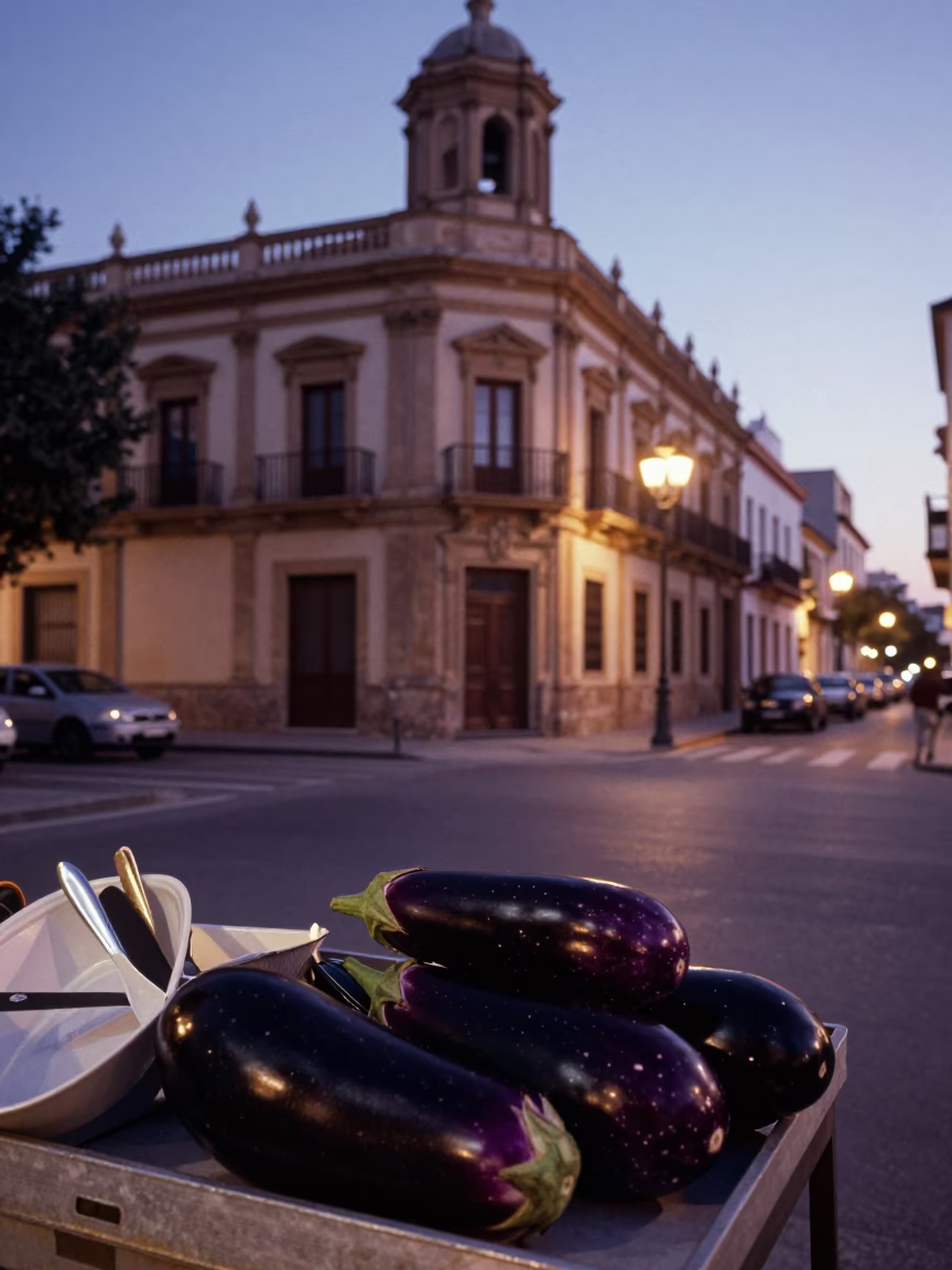Twilight Street Scene in Valencia Spain with Eggplants and Utensil Crock in in Valencia, Spain
