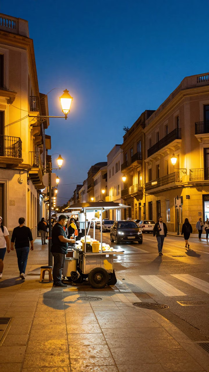 Twilight Street Scene in Valencia Spain with Food Vendors and Urban Life in in Valencia, Spain
