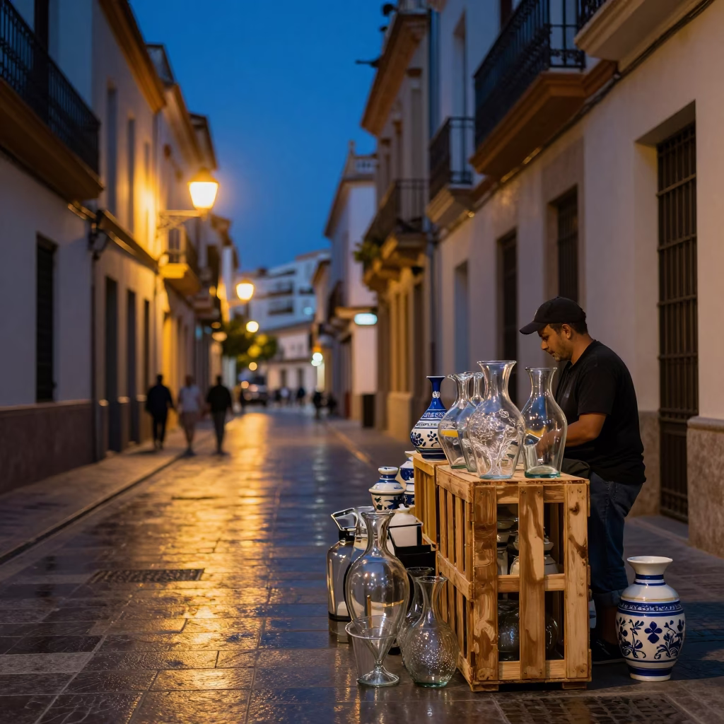 Twilight Street Scene in Valencia Spain with Glass Vases and Ceramic Details in in Valencia, Spain