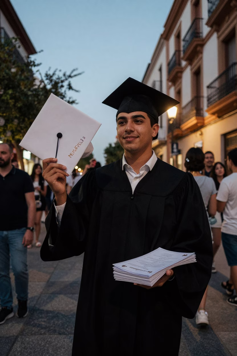 Twilight Street Scene in Valencia Spain with Graduation Cap and Ceremony Programs in in Valencia, Spain