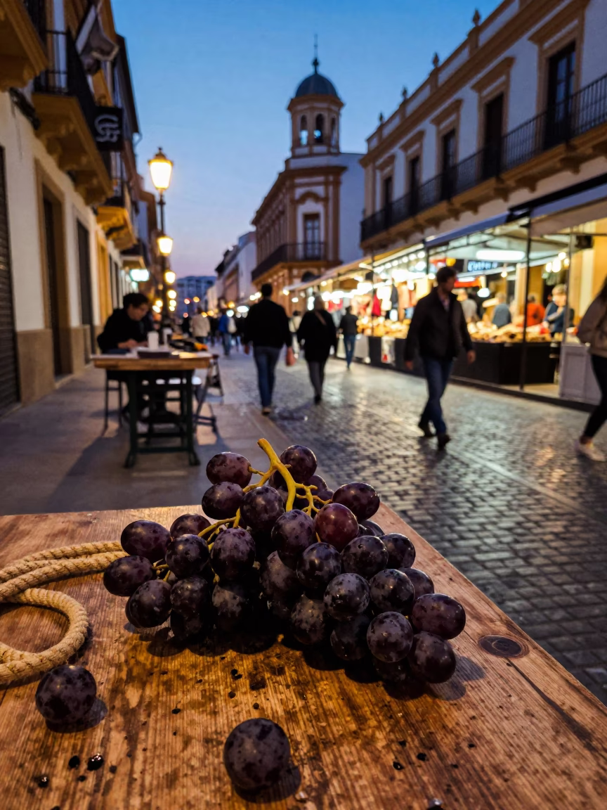 Twilight Street Scene in Valencia Spain with Grapes and Coiled Rope on Market Table in in Valencia, Spain