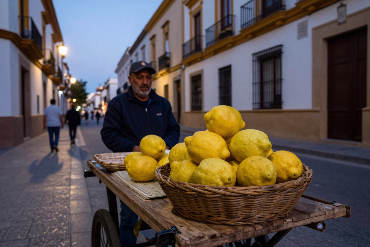 Twilight street scene in Valencia Spain with lemons and traditional architecture in in Valencia, Spain
