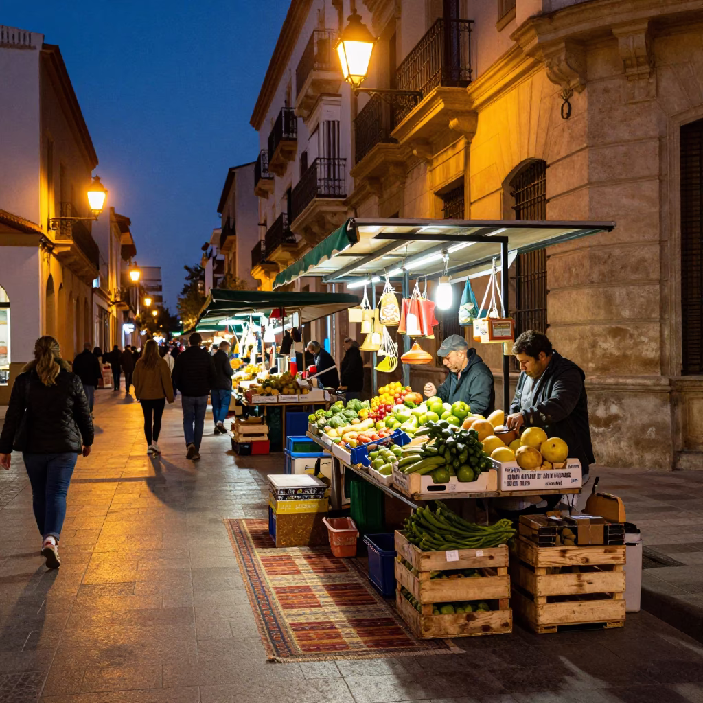 Twilight Street Scene in Valencia Spain with Market Goods and Local Life in in Valencia, Spain