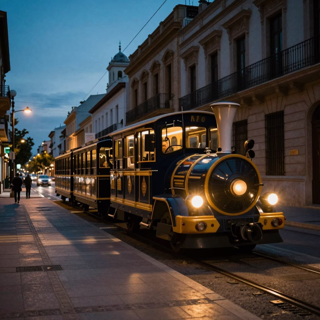 Twilight street scene in Valencia Spain with narrow gauge train and terracotta succulents in in Valencia, Spain