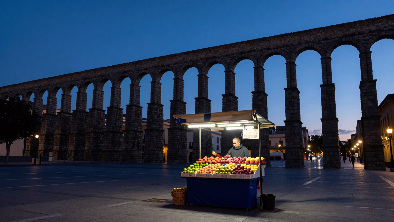 Twilight Street Scene in Valencia Spain with Nectarines and Roman Aqueduct View in in Valencia, Spain