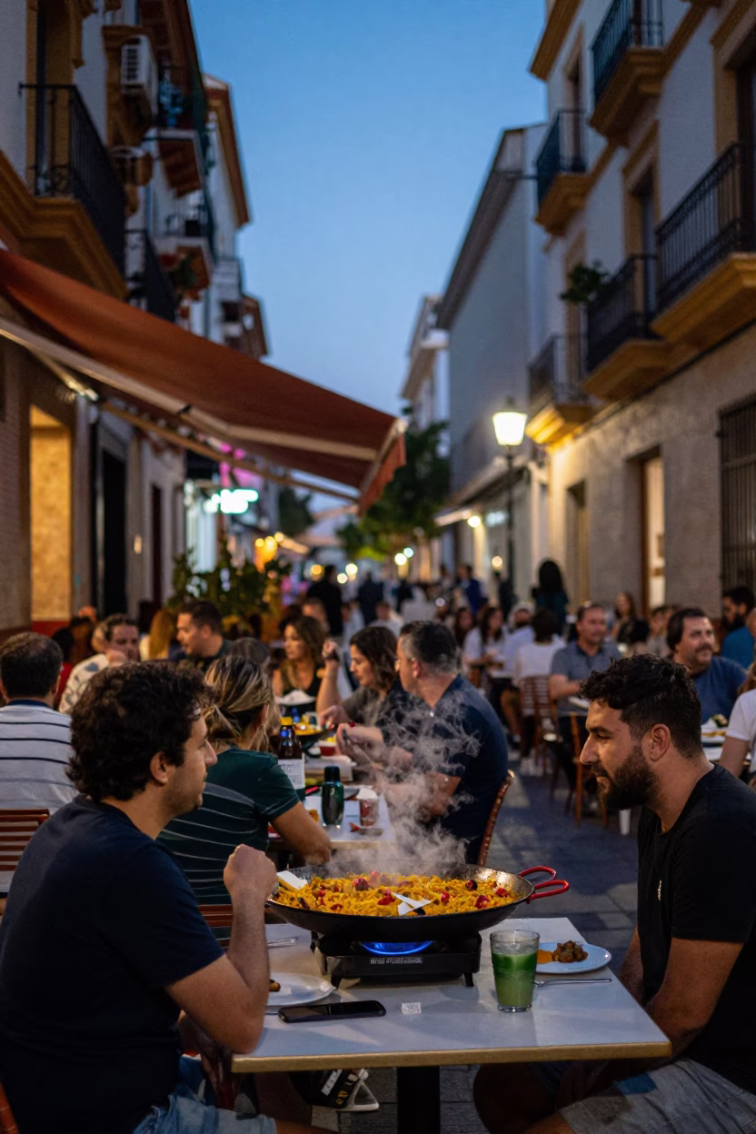 Twilight Street Scene in Valencia Spain with Paella and Casual Dining Elements in in Valencia, Spain