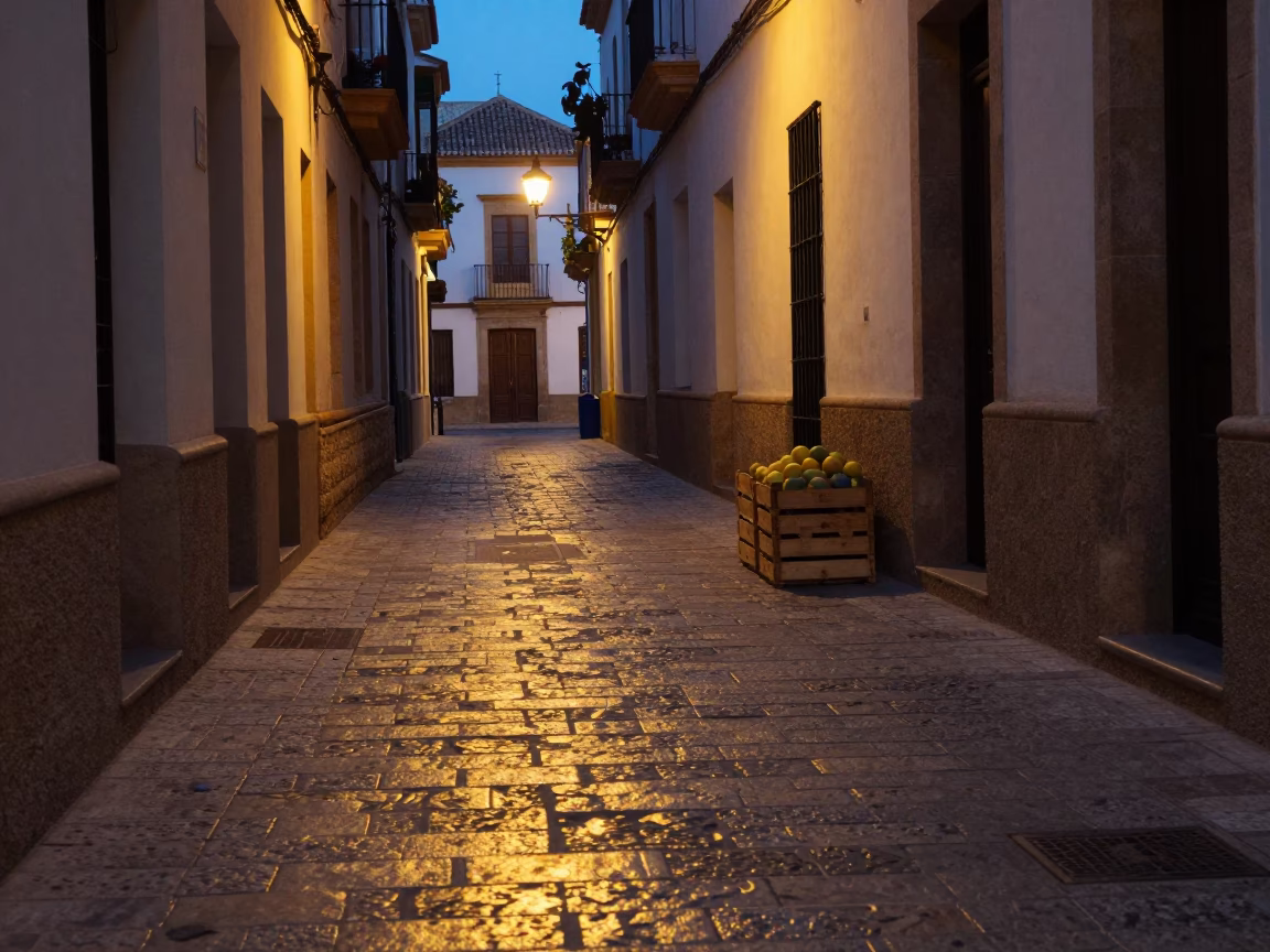 Twilight Street Scene in Valencia Spain with Sun Stripe and Fruit Crate in in Valencia, Spain