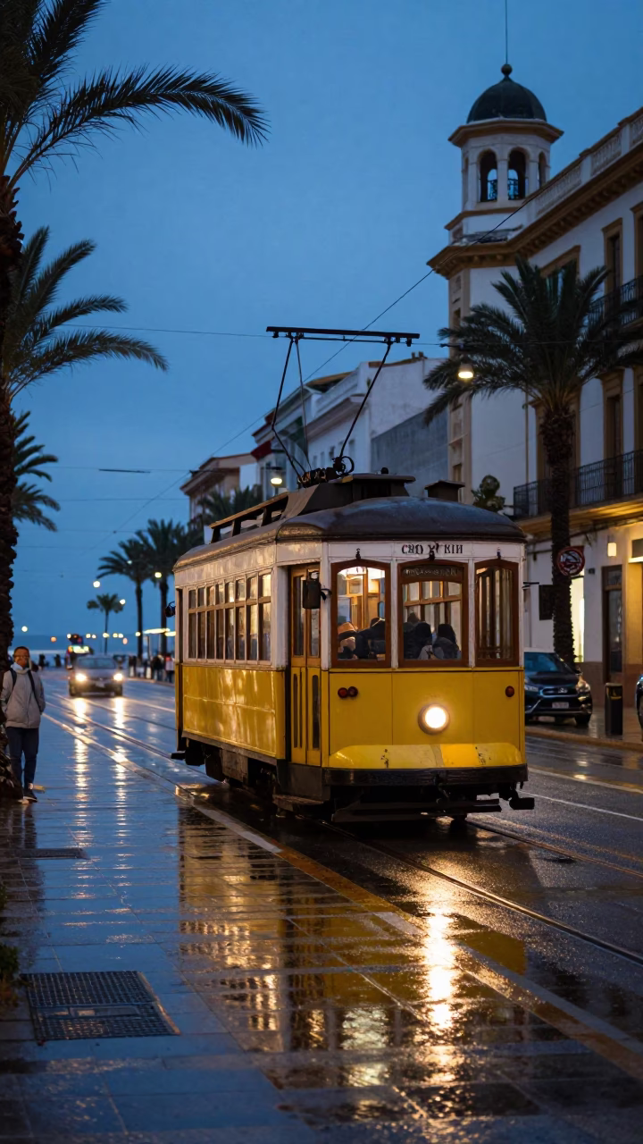 Twilight Street Scene in Valencia Spain with Vintage Tram and Heritage Architecture in in Valencia, Spain