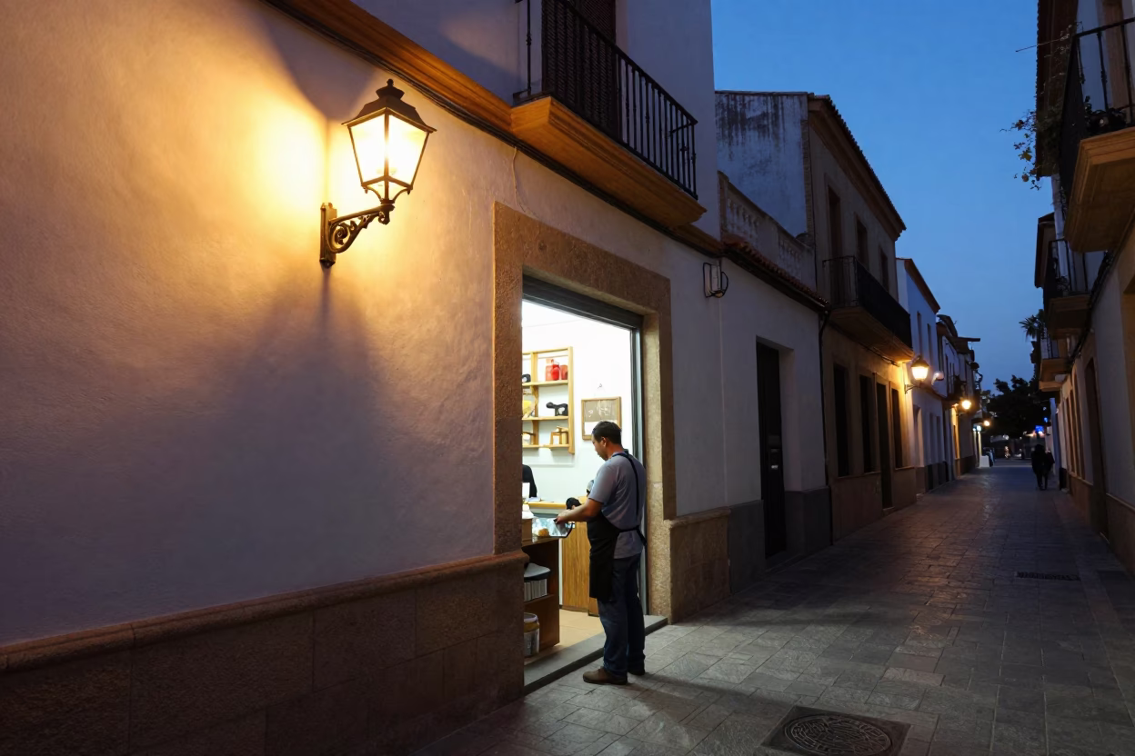 Twilight Street Scene in Valencia Spain with Wall Sconce and Apron in in Valencia, Spain