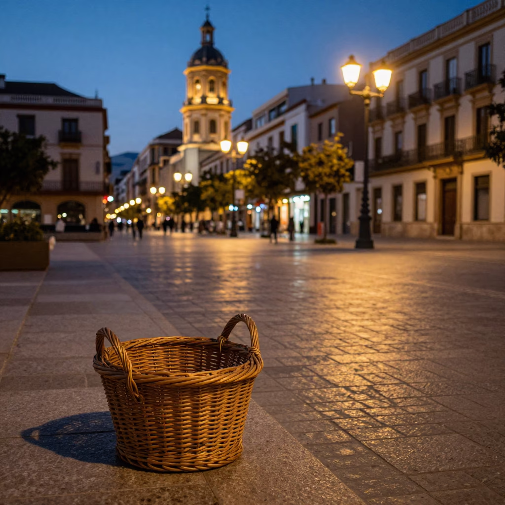 Twilight Street Scene in Valencia Spain with Wicker Hamper and Urban Lights in in Valencia, Spain