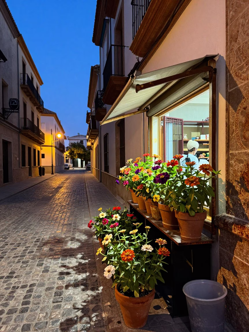 Twilight Street Scene in Valencia Spain with Zinnias and Rusty Details in in Valencia, Spain