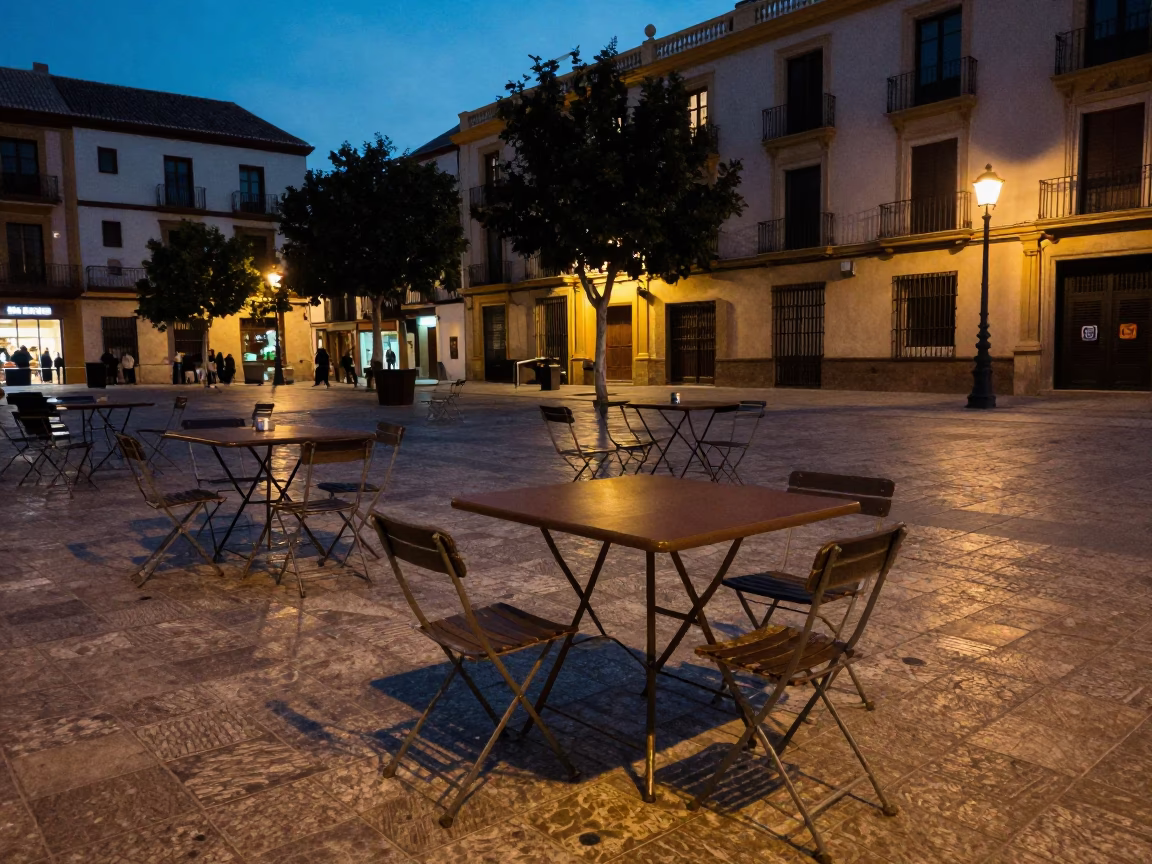 Twilight street scene in Valencia with folding tables and brown dog in in Valencia, Spain