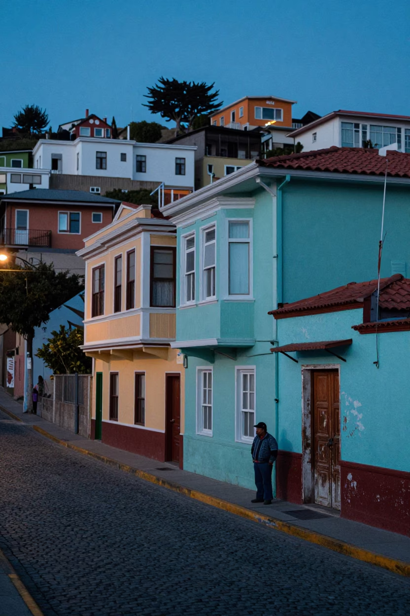 Twilight Street Scene in Valparaiso Chile Colorful Facades and Local Life in in Valparaiso, Chile