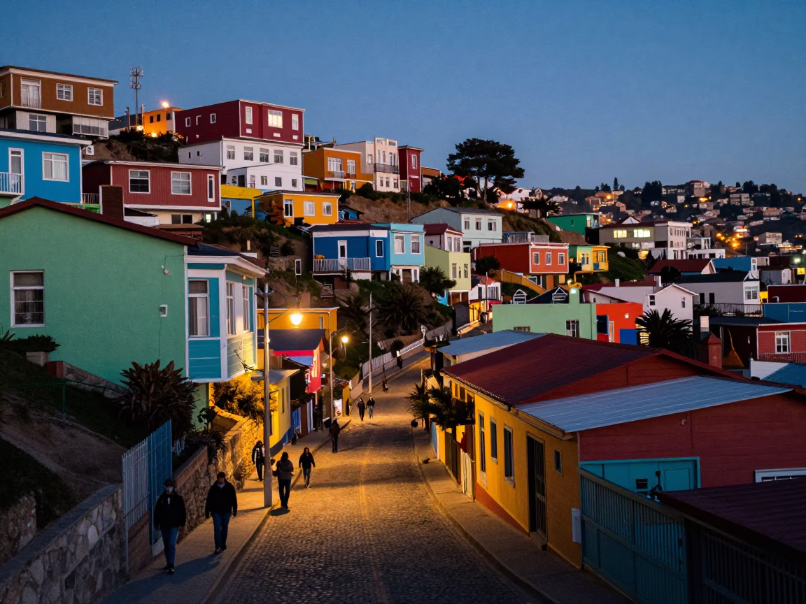 Twilight Street Scene in Valparaiso Chile Colorful Hillside Homes and Local Life in in Valparaiso, Chile