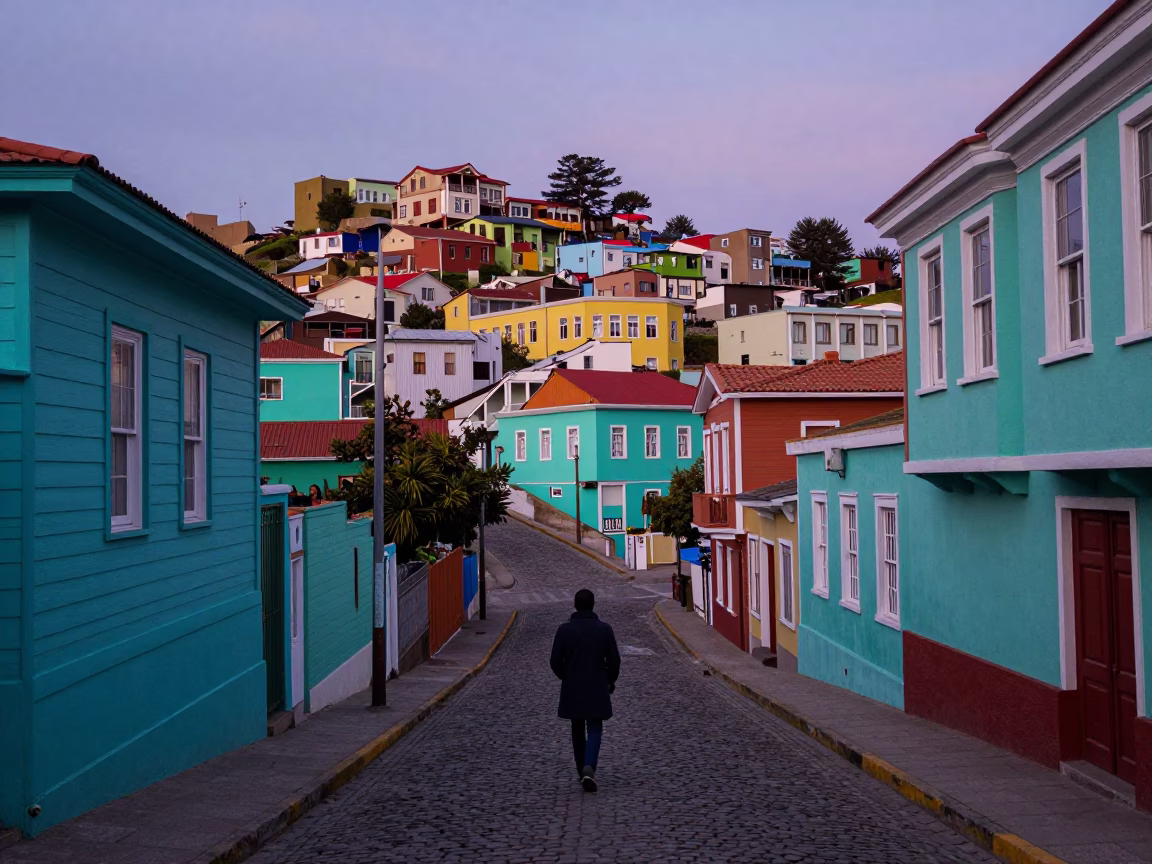 Twilight Street Scene in Valparaiso Chile Colorful Hillside Houses in in Valparaiso, Chile