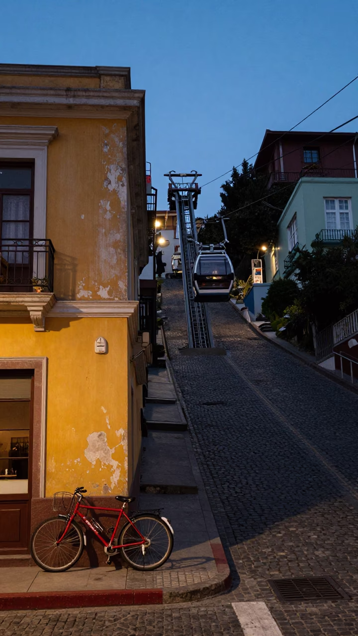 Twilight Street Scene in Valparaiso Chile with Bicycle and Gondola Lift in in Valparaiso, Chile