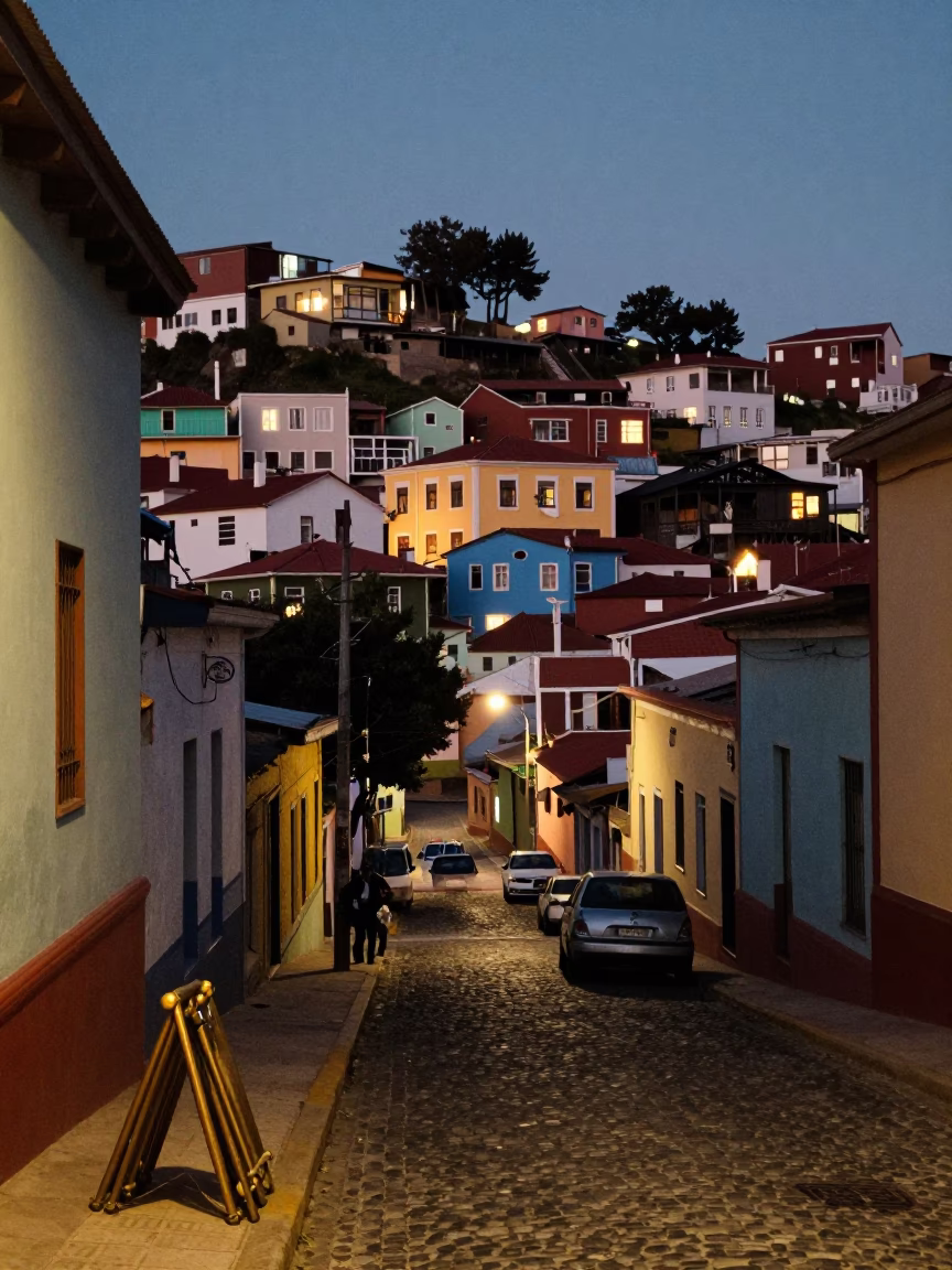 Twilight Street Scene in Valparaiso Chile with Brass Pull and Folding Chair in in Valparaiso, Chile