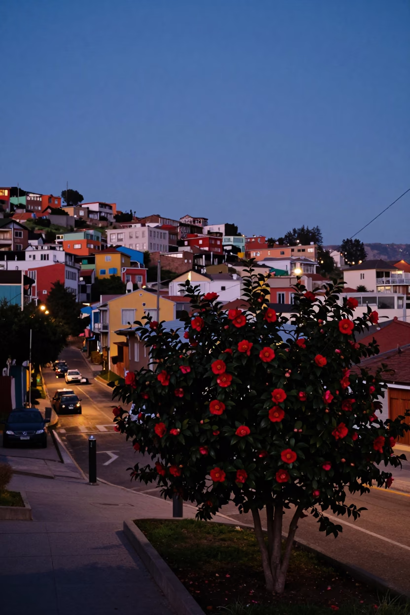 Twilight Street Scene in Valparaiso Chile with Camellia Bush and Urban Architecture in in Valparaiso, Chile