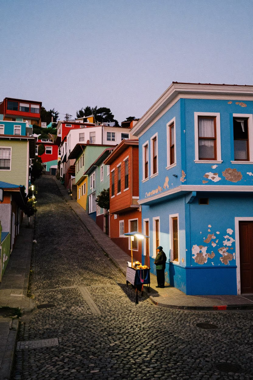 Twilight street scene in Valparaiso Chile with chipped blue enamel and bottle in in Valparaiso, Chile