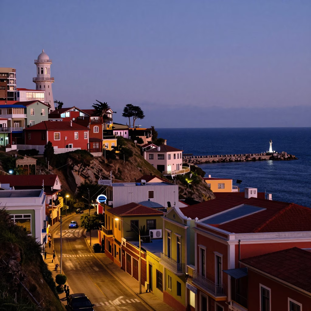 Twilight Street Scene in Valparaiso Chile with Coastal Breakwater and Warning Beacons in in Valparaiso, Chile