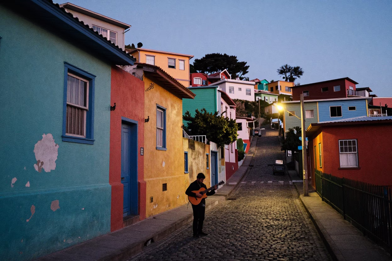 Twilight Street Scene in Valparaiso Chile with Colorful Buildings and Guitar in in Valparaiso, Chile