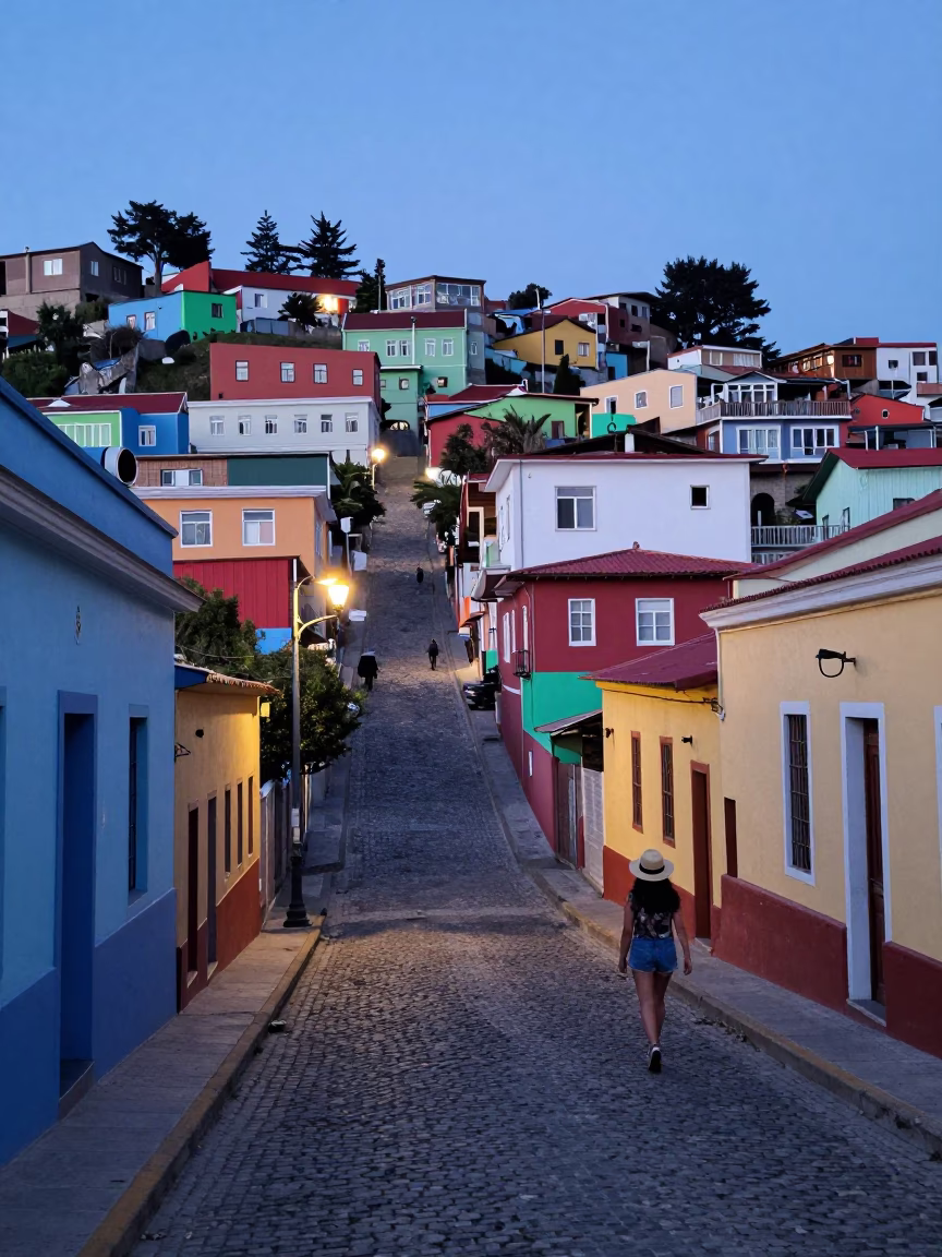 Twilight Street Scene in Valparaiso Chile With Colorful Buildings And Local Life in in Valparaiso, Chile