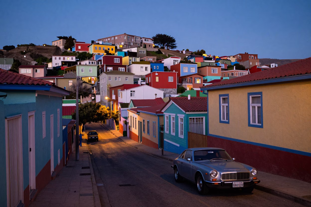 Twilight street scene in Valparaiso Chile with colorful hills and vintage car in in Valparaiso, Chile