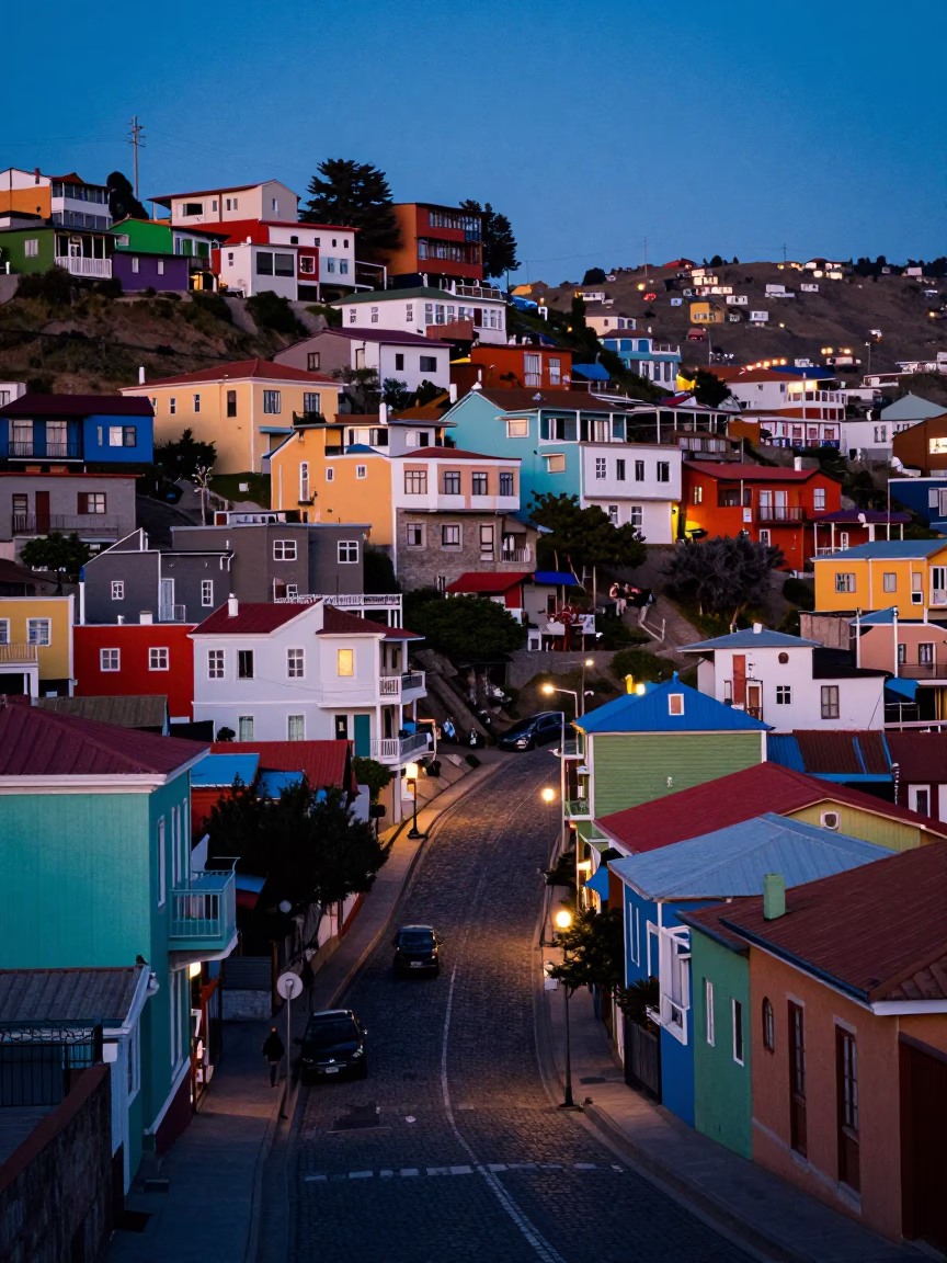 Twilight Street Scene in Valparaiso Chile with Colorful Hillside Houses and Local Life in in Valparaiso, Chile