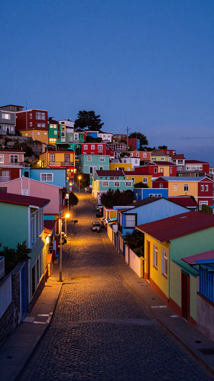 Twilight Street Scene in Valparaiso Chile with Colorful Houses and Local Dining in in Valparaiso, Chile