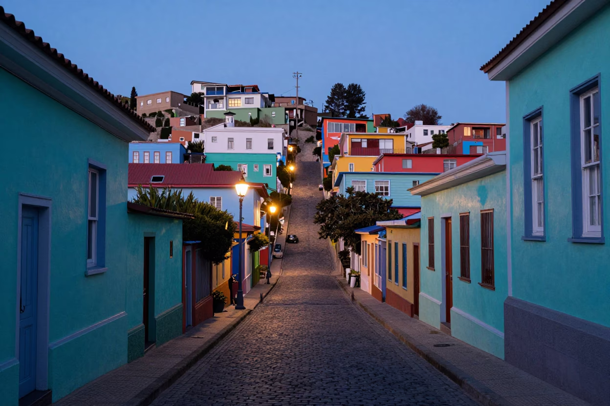 Twilight Street Scene in Valparaiso Chile with Colorful Houses and Local Life in in Valparaiso, Chile
