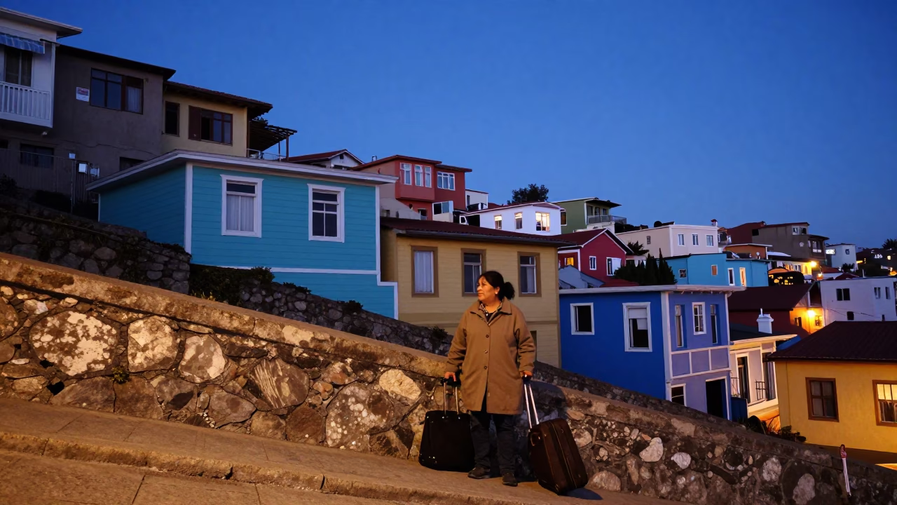 Twilight Street Scene in Valparaiso Chile with Colorful Houses and Luggage in in Valparaiso, Chile