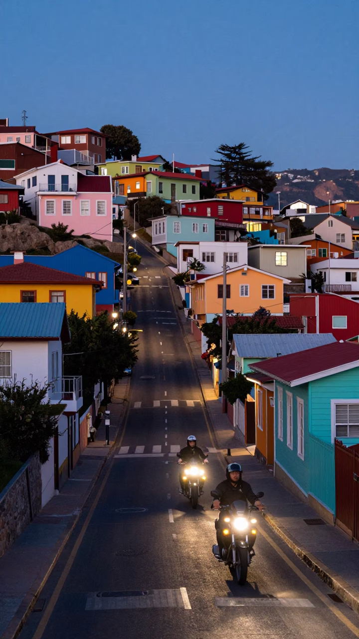 Twilight Street Scene in Valparaiso Chile with Colorful Houses and Motorcycle in in Valparaiso, Chile