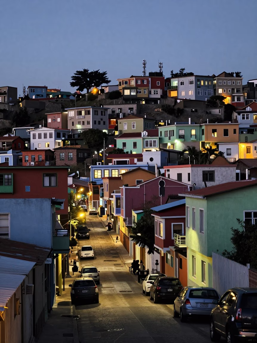 Twilight Street Scene in Valparaiso Chile with Colorful Houses and Telecommunication Mast in in Valparaiso, Chile
