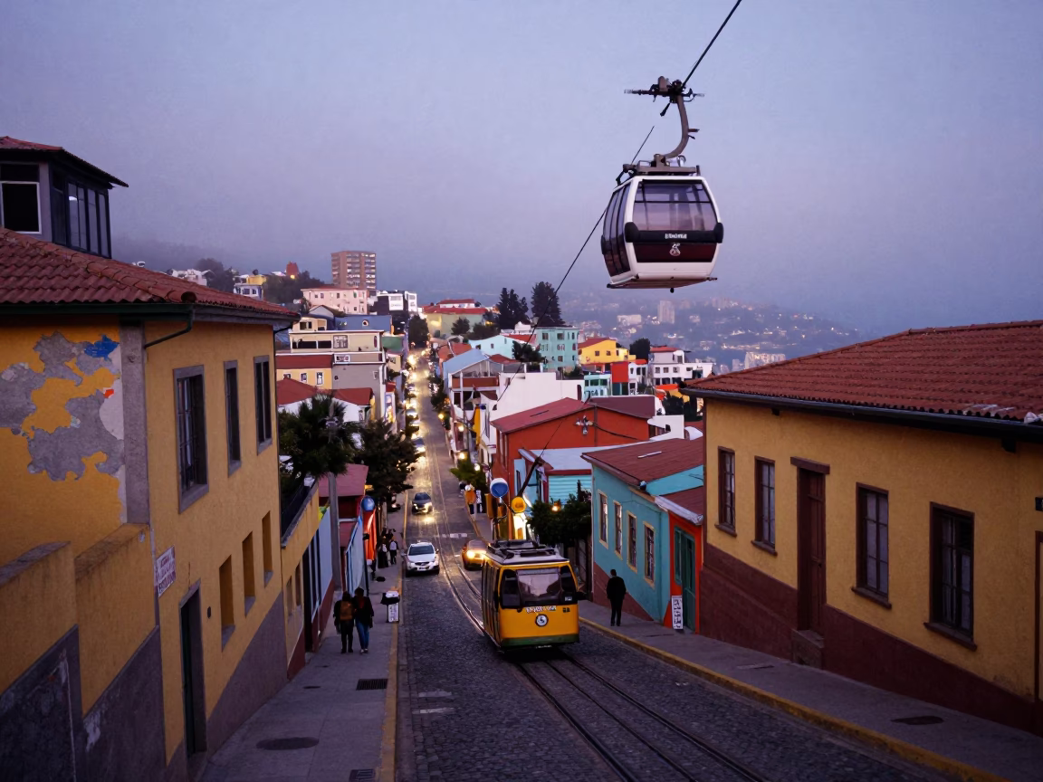 Twilight Street Scene in Valparaiso Chile with Colorful Houses and Tramway Gondola in in Valparaiso, Chile