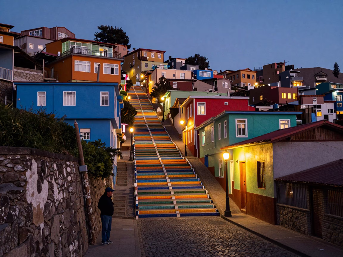 Twilight Street Scene in Valparaiso Chile with Colorful Stairs and Local Life in in Valparaiso, Chile