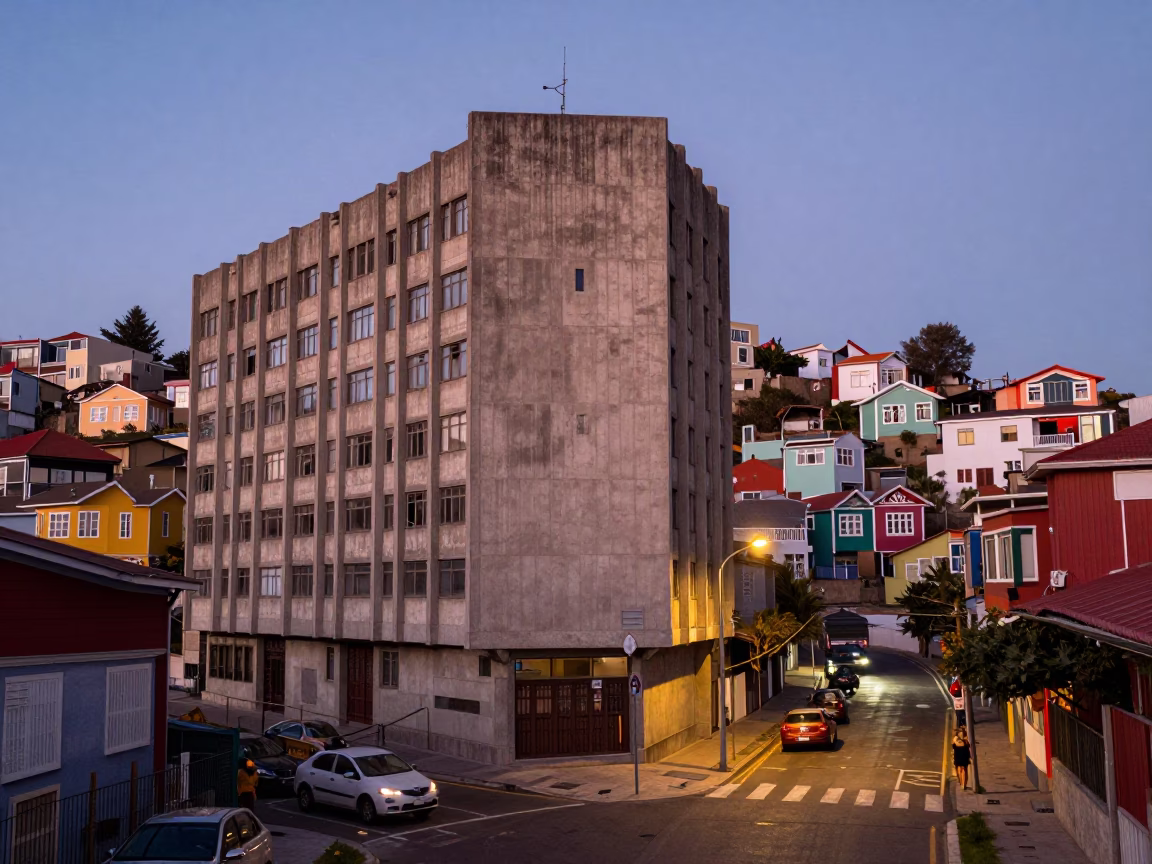 Twilight Street Scene in Valparaiso Chile with Concrete Brutalist Architecture in in Valparaiso, Chile