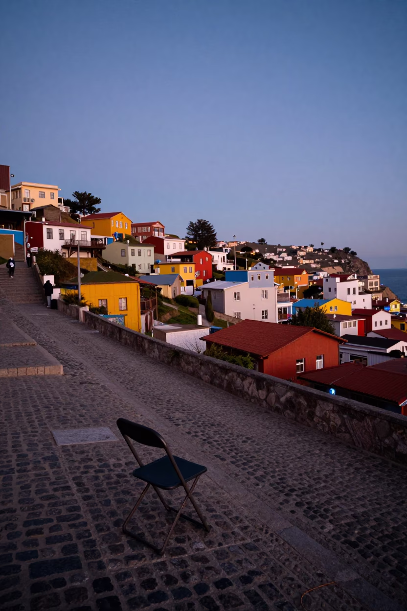 Twilight Street Scene in Valparaiso Chile with Folding Chair and Coastal View in in Valparaiso, Chile