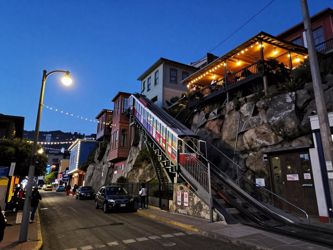 Twilight Street Scene in Valparaiso Chile with Funicular and String Lights in in Valparaiso, Chile
