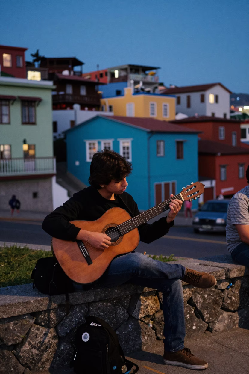 Twilight Street Scene in Valparaiso Chile with Guitar Player and Colorful Architecture in in Valparaiso, Chile