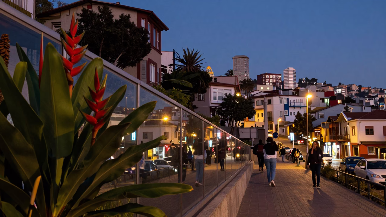 Twilight Street Scene in Valparaiso Chile with Heliconia and Glass Railings in in Valparaiso, Chile