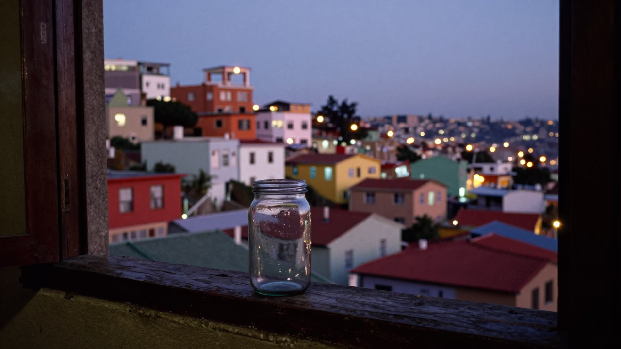 Twilight street scene in Valparaiso Chile with jar on windowsill in in Valparaiso, Chile