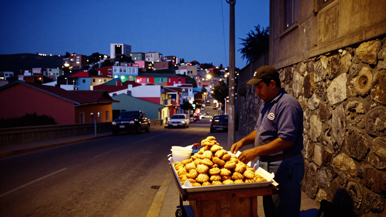 Twilight street scene in Valparaiso Chile with local vendor and urban details in in Valparaiso, Chile