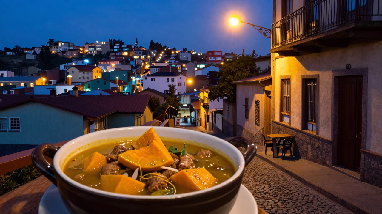 Twilight Street Scene in Valparaiso Chile with Locro Stew and Urban Details in in Valparaiso, Chile