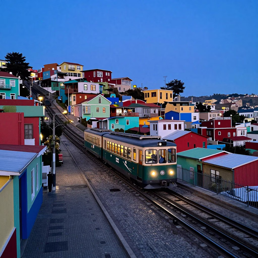 Twilight Street Scene in Valparaiso Chile with Monorail and Colorful Architecture in in Valparaiso, Chile