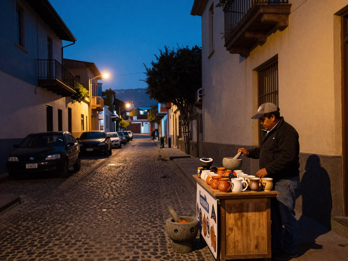 Twilight Street Scene in Valparaiso Chile with Mugs and Mortar in in Valparaiso, Chile