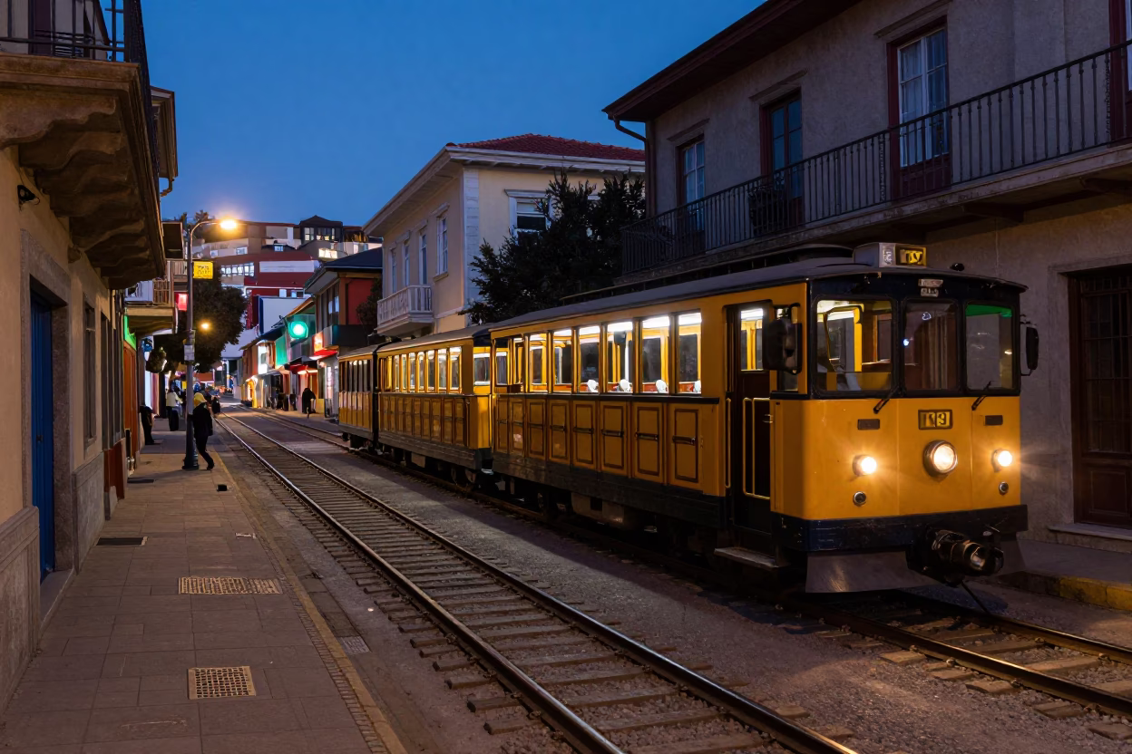 Twilight Street Scene in Valparaiso Chile with Narrow Gauge Train and Colorful Architecture in in Valparaiso, Chile
