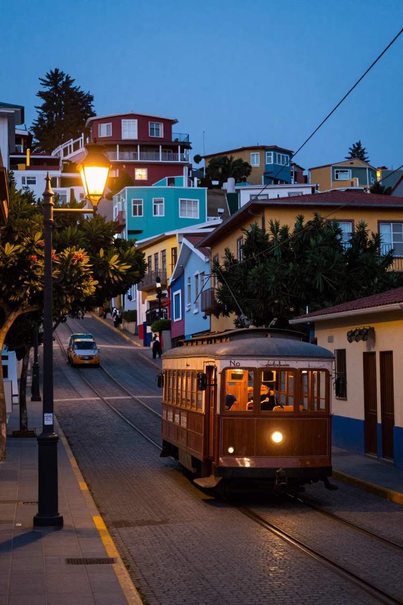 Twilight Street Scene in Valparaiso Chile with Old Trolley and Lantern Light in in Valparaiso, Chile