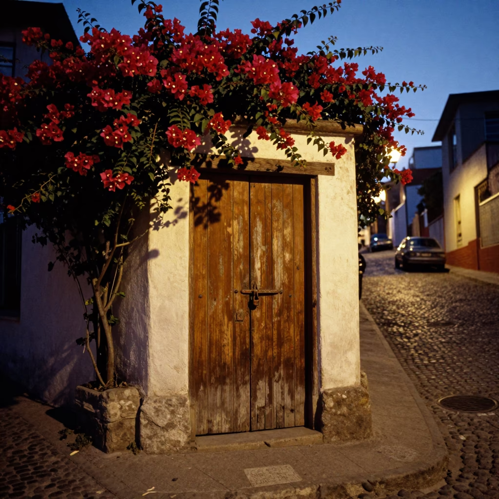 Twilight Street Scene in Valparaiso Chile with Rustic Latch and Bougainvillea in in Valparaiso, Chile