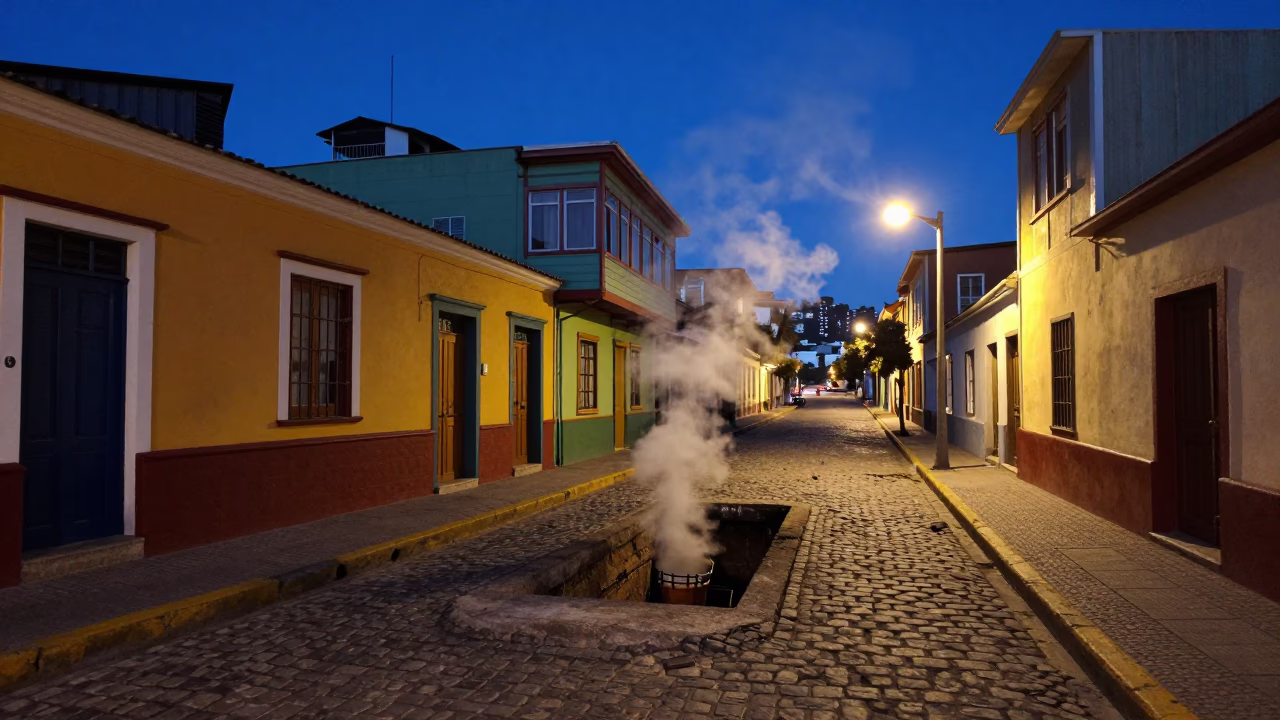 Twilight Street Scene in Valparaiso Chile with Steaming Pipe Trench and Colorful Hillside Architecture in in Valparaiso, Chile