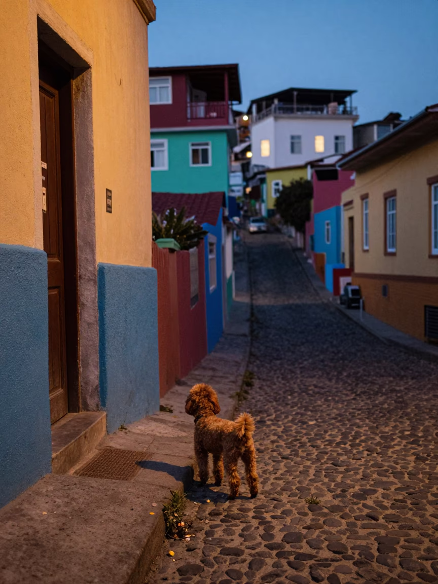 Twilight Street Scene in Valparaiso Chile with Toy Poodle and Colorful House Details in in Valparaiso, Chile
